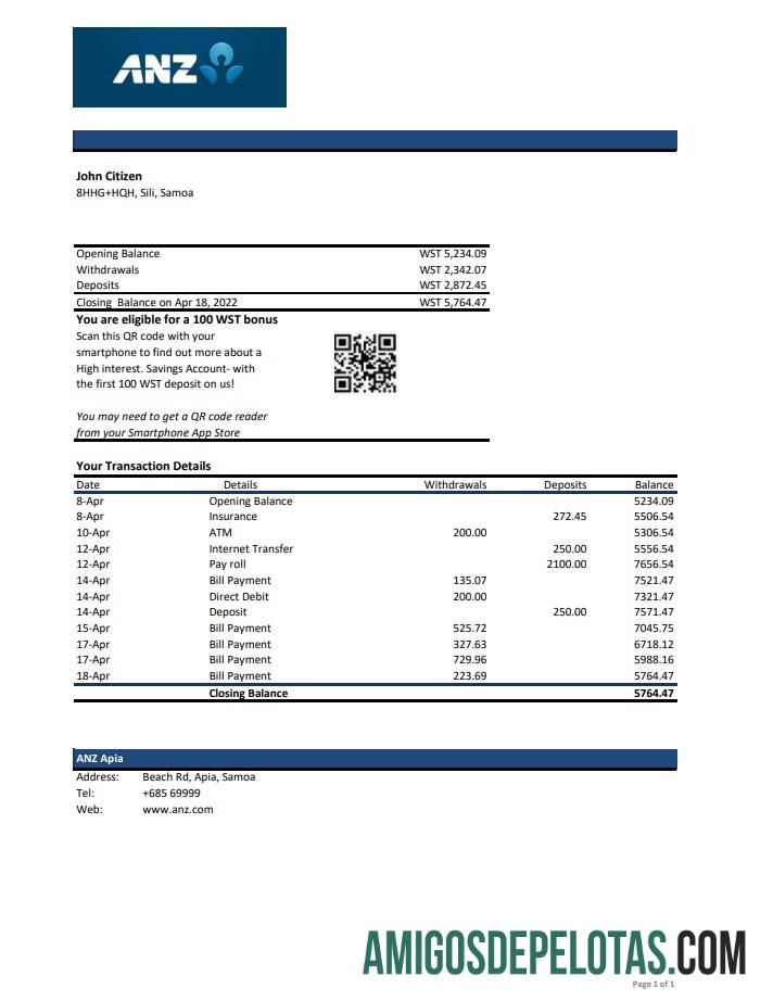 Samoa ANZ Bank Statement Xls examplo